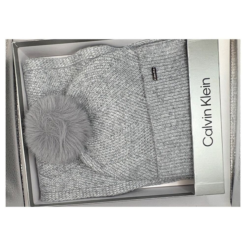 Calvin Klein Metallic Pom Pom Beanie Scarf 2pc Boxed Gift Set Silver NEW
